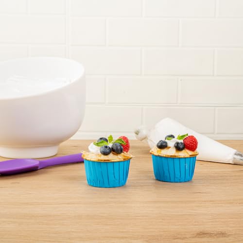 Restaurantware Panificio 3.5 Ounce Baking Cups 50 Greaseproof Foil Cups - Lids Sold Separately Oven-Ready Blue Foil Paper Muffin Liners Microwavable Disposable