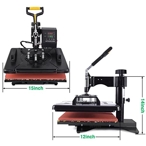 Slendor 5 in 1 Heat Press Machine 12x15 inch 360-Degree Swing Away Digital T Shirt Pressing Machine Multifunction Heat Transfer Sublimation Combo for T Shirts Mugs Hat Plate Cap