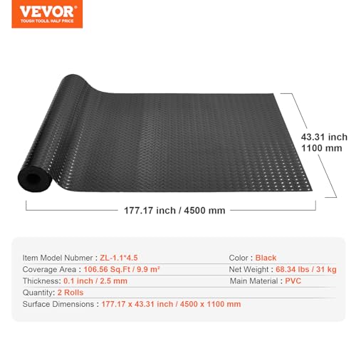 VEVOR Garage Floor Mats, 2 Rolls x 14.7 x 3.6 Ft PVC Garage Flooring Roll, Non-Slip Diamond Texture, 123.14 sq.ft Covering Space, Black Garage Mats for Under Cars, Garage Industry Gym