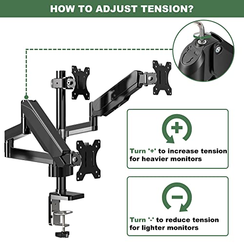 UPGRAVITY Triple Monitor Mount, 3 Monitor Desk Mount for Three Flat/Curved Computer Screens up to 27 inch, Fully Adjustable Gas Spring Triple Monitor Arms Hold up to 17.6lbs, VESA 75x75/100x100mm