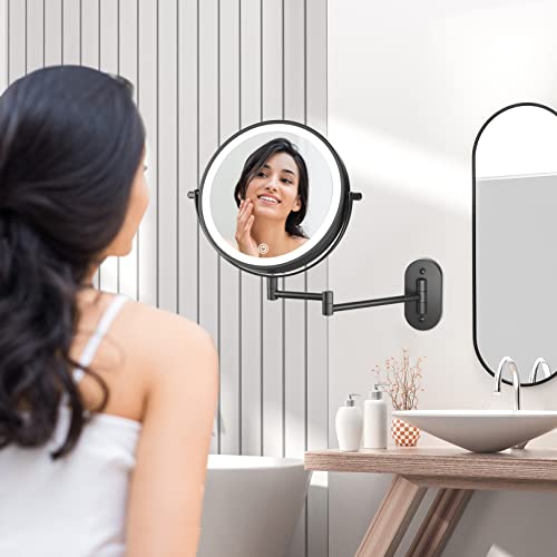 FASCINATE Rechargeable Wall Mounted Lighted Vanity Mirror 8 Inch 1X/10X Magnifying Makeup Mirror with 3 Color Lights, Double Sided Dimmable, 360 Degree Screen Touch,Bathroom Shaving Mirror (Black)