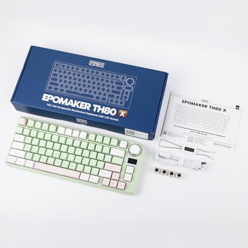 EPOMAKER TH80-X Gasket Mechanical Keyboard, 75% Layout Triple Mode Hot-swap Gaming Keyboard with 4000mAh Battery, LCD Screen, NKRO, RGB for Office/Win/Mac (Green, Epomaker Flamingo Switch)