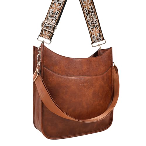 HKCLUF Crossbody Bag for Women Trendy Vegan Leather Hobo Handbags Women Fashion Shoulder Bucket Bags Cross-body Purse with 2PCS Adjustable Strap(Dark Brown)