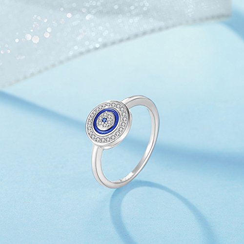 TONGZHE Round Blue Evil Eye Band Ring in Sterling Silver 925 w/Cubic Zirconia & Enamel[Size 6]