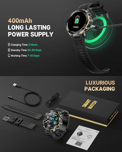 Smart Watch for Men Answer/Make Call for Android iPhone, 1.43" AMOLED HD Screen Mens Luxury Watch, 400mAh Heavy Duty Smartwatch Heart Rate Blood Oxygen Blood Pressure Sleep Monitor Pedometer, 2 Straps