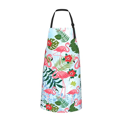 Wizfuyq Pink Flamingo Tropical Leaves Flowers Waterproof Work Apron Baking Aprons Novelty Cooking Chef Gift For Men Women Bbq Grilling With 2 Pockets Kitchen Apron