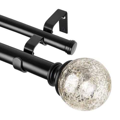 KAMANINA 1 Inch Double Curtain Rods 36 to 72 Inches(3-6 Feet) Black Curtain Rod for Windows, Telescoping Heavy Duty Drapery Rods with Crackle Glass Ends