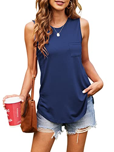 Hount Women's High Neck Tank Tops Summer Sleeveless T Shirts Loose Fit with Pockets (Pink, L)
