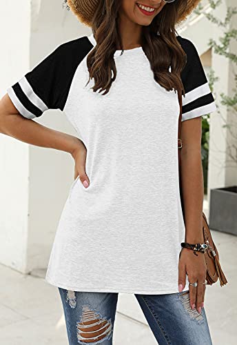 Adibosy Women Summer Casual Shirts: Short Sleeve Striped Tunic Tops - Ladies Loose Crew Neck Tee Tshirt Blouses White L