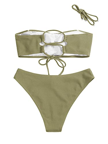 ZAFUL Women Textured Bandeau Bikini Set, Stripe Wave Lace Up Bikini 2 Pieces Swimwear(6-Blue,S)