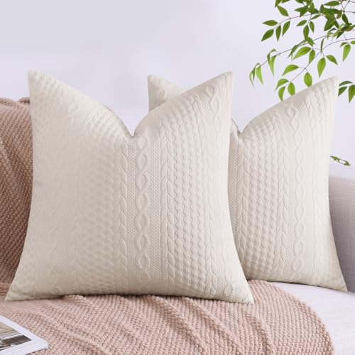 Cikary Decorative Throw Pillow Covers 16x16 Set of 2 for Sofa Bed with Raised Twisted Rope Pattern, Stretchy Embossed Couch Pillow Covers, Beige