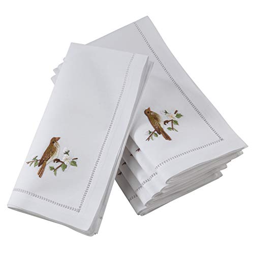 Saro Lifestyle Cotton Table Napkin with Bird Embroidery and Hemstitch Design (Set of 6)