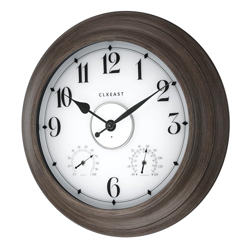 CLXEAST 24 Inch LED Illuminated Outdoor Clocks Waterproof with Thermometer & Hygrometer, Large Lighted Metal Wall Clock with Smart Light Sensor,Grey Oak Finish