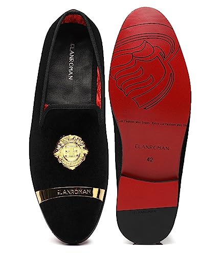 ELANROMAN Black Men Dress Velvet Loafers Gold Buckle Fashion Designer Penny Slippers Wedding Party Dance Shoes US 8
