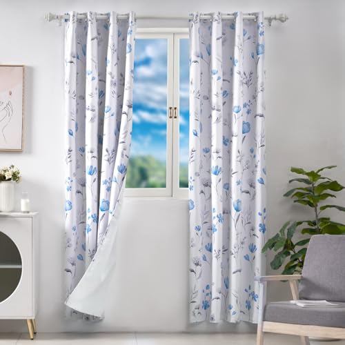 CHICNOOK Teal Floral Curtains for Living Room 63 Inch Length, Teal Flower Curtains, Watercolor Curtains with Grommets, Blackout Curtains for Bedroom and Bathroom,Size 52x63 Inch,2 Panels,Teal & Gray