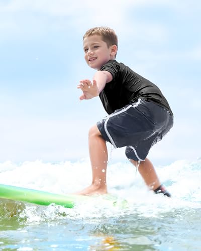 KEREDA Boys Swim Rash Guard Shirt Short Sleeve Shirts UPF 50+ Quick Dry Athletic Shirt Orange 7-8 Y