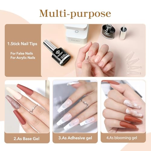 Modelones 9 in One Nail Glue Gel Nail Prep Dehydrate Gel Nail Kit Nail Extension Set for False Nail Tips/Acrylic Nails/Base Gel/Bloom Gel/Adhesive Bond, Long Lasting Curing Needed