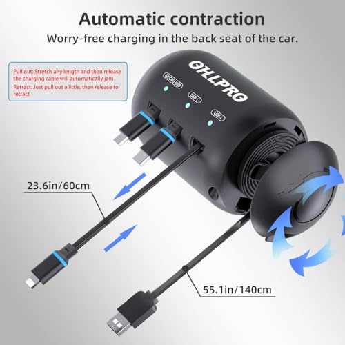 OHLPRO 3-in-1 Retractable Backseat Car Charging Station, 36W Fast Car Charger for All Phones (iPhone, Samsung), Ideal for Lyft, Turo, Uber, Taxi, Rideshare, Customer Charging Dock Attach to Headrest