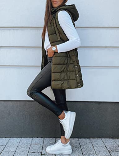 Veatzaer Women Long Vest Solid Color Sleeveless Hood Winter Puffer Vest Outwear