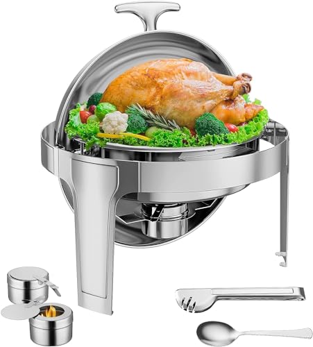 Garvee 6QT Roll Top Round Chafing Dish Stainless Steel Full Pan Classic Buffet Chafer [at Least 5 People]