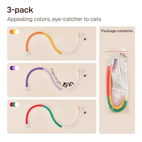Potaroma 3Pcs Cat Toys Chew Ropes with Refillable Organic Catnip, Safe Teeth Cleaning Toy for Indoor Kittens, Interactive Cat Nip Kitty Toys for All Breeds 7.8 Inches