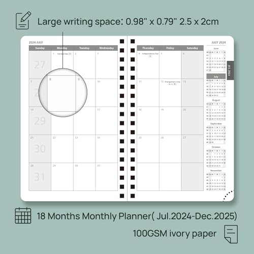 POPRUN Monthly Planner 2024-2025 Pocket Size (4'' x 6.25'') 18 Months Calendar (Jul 2024 - Dec 2025) - 4 Pages per Month with Monthly Expense & Notes, Sunday Start, Leather Cover - Black