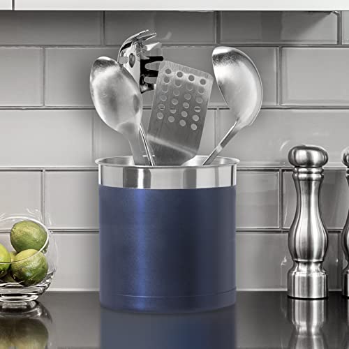 Oggi Stainless Steel Jumbo Utensil Holder - 7" Utensil Caddy, Weighted Base for Stability - Extra Large Utensil Crock and Countertop Utensil Organizer, Blue