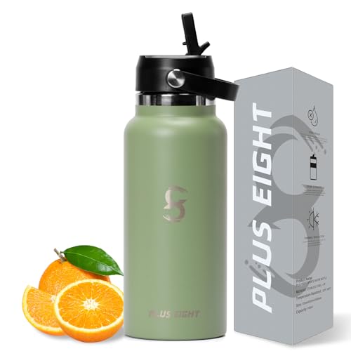 pluseight Sports Water Bottle, 32 oz Insulated Water Bottle With Straw, Stainless Steel Water Bottle Wide Mouth for Sports, Gym or Office, BPA-Free Keep Cold 24H Hot 12H (Agave)