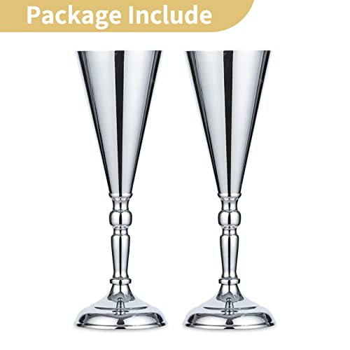 2 Pcs/ Set Tabletop Silver Metal Wedding Flower Trumpet Vase Table Decorative Centerpiece Artificial Flower Arrangements for Anniversary Ceremony Party Birthday Event Aisle Home Decoration