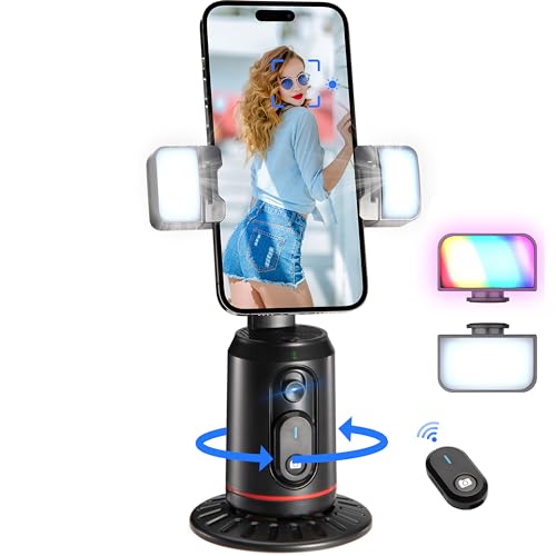 MQOUNY Auto Face Tracking Phone Holder, 360° Rotation Face Body Phone Tripod Smart Shooting Camera Mount with Rechargeable Remote and Light for Live Vlog Streaming Video, Rechargeable