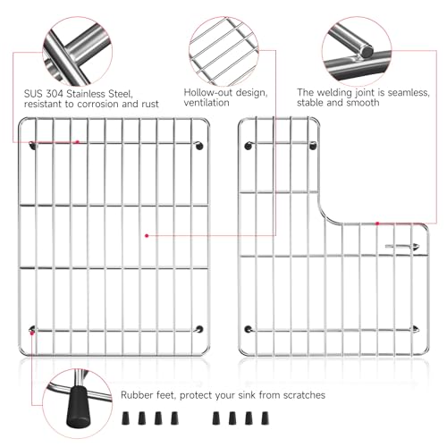 jkxoo 14.5" x 23.2" Stainless Steel Sink Protectors for Kitchen Sink for Kohler Whitehaven K-6486 &K-6487, Includes Left and Right Racks, Sink Grid for Bottom of Kitchen Sink with Rubber Feet