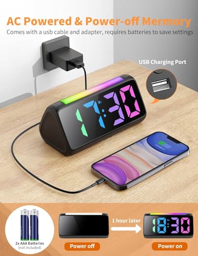 Netzu Digital Alarm Clocks for Bedrooms, Bedside Clocks with RGB Night Light, Rainbow Time, Large Display, Dual Alarm, Snooze, LED Desk Dimmable Alarm Clock for Kids Teens (Black)