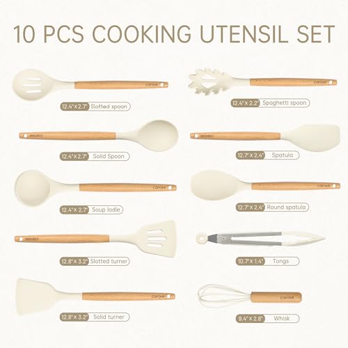 CAROTE Silicon Cooking Utensils Set for Kitchen,446°F Heat Resistant 10 pcs Non-Stick Cooking Set with Wooden Handle Spatula Turner Spoon Tongs Whisk