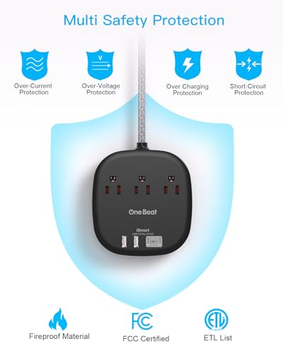Flat Plug Power Strip, 5ft Flat Extension Cord - 3 Outlets 4 USB Ports (2 USB C) 22.5W/4.5A Desktop Charging Station, Power Strip No Surge Protection for Cruise Ship, Dorm Room Travel Essentials - BK