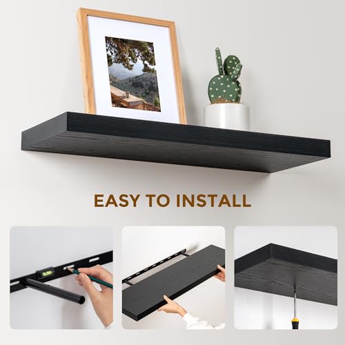 Fun Memories Deep Floating Shelves for Wall, 24W x 9.3D Black Floating Shelves Set of 2, 9.3" Deep Large Wood Shelves for Living Room Bathroom Laundry Room Bedroom Kitchen Home Office - Black