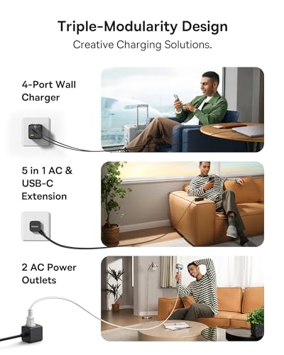 Baseus Charging Station 67W, 5 in 1 Detachable Travel Power Strip USB C Fast Charger, 5ft Flat Extension Cord with 2 AC Outlets, Portable Charger for MacBook Pro, iPhone, Cruise Travel Essentials