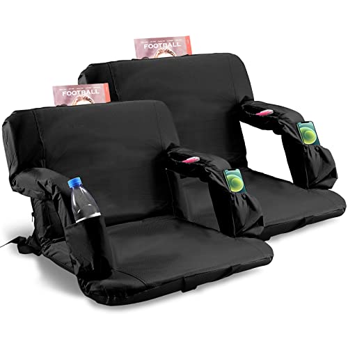 Stadium Seats for Bleachers with Back Support and Thick Padded Cushion,18" Extra Wide Portable Reclining Folding Chair with Optional Arms, 4 Pockets and Shoulder Straps,Big Size,Black,2PCS