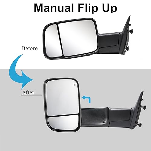 WLLW Towing Mirrors fit for 2009-2018 Dodge Ram 1500 2500 3500 Pickup with Manual Adjust Glass Manual Flip Manual Folding Black Cap