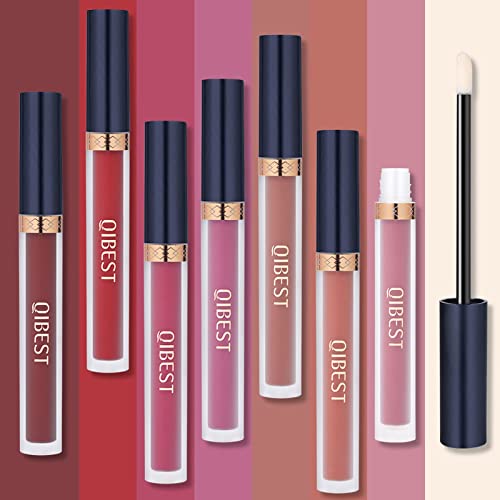 QiBest 7Pcs Matte Liquid Lipstick + 1Pcs Lip Plumper Makeup Set Kit, Pigmented Long Lasting Lip Gloss Set, Velvet Waterproof Lip Makeup Valentine's Day Gift Sets for Girls and Women