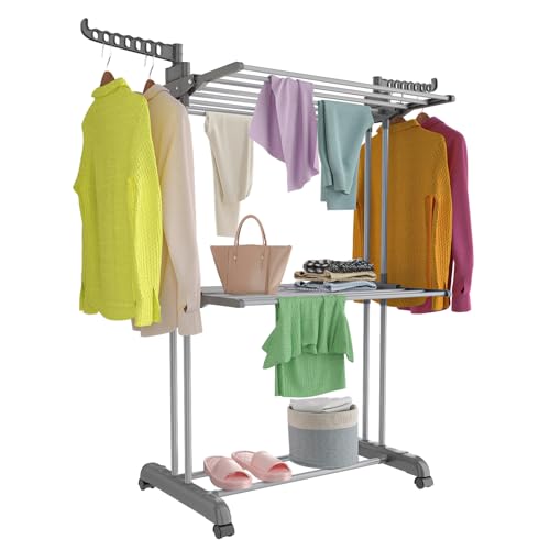 Bigzzia 3 Tier Clothes Drying Rack, 57 Inch Laundry Drying Rack, Foldable Stainless Steel Kids Clothing Rack, Movable Laundry Rack for Indoor Outdoor - Grey