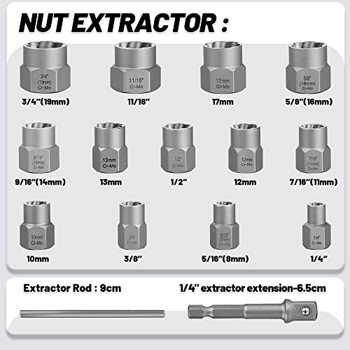 UYECOVE 15-Pcs Bolt Extractor Set, 3/8'' Drive Easy Out Bolt Extractor Set, Stripped Bolt Remover Nut Extractor Set for Damaged, Frozen, Rusted Sockets, Rounded-Off Bolts, Nuts & Screws