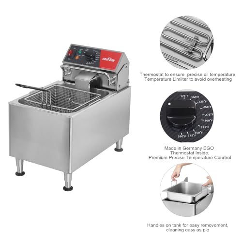 CROSSON ETL Listed 15Lbs Electric Deep Fryer with No-Assembling-Needed Solid Basket,Lid and Height Adjustable Legs for Restaurant Use,120V/1800W Commercial 8L Countertop Deep Fryer