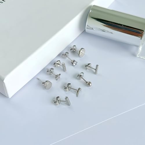 XINNSTAR 9 Pairs Stainless Steel Star Moon Stud Earrings for Women Cute Bar CZ Stud Hypoallergenic Cartilage Screw Back Earring Set for Girls Stylish Gift