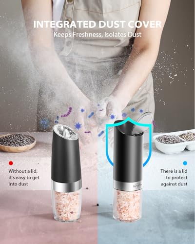 Sangcon Gravity Electric Salt and Pepper Grinder with Dust Cover, Battery Operated(4 AAA), Large Capacity, Adjustable Coarseness, One Hand Automatic Salt Pepper Shaker Mill with LED Light