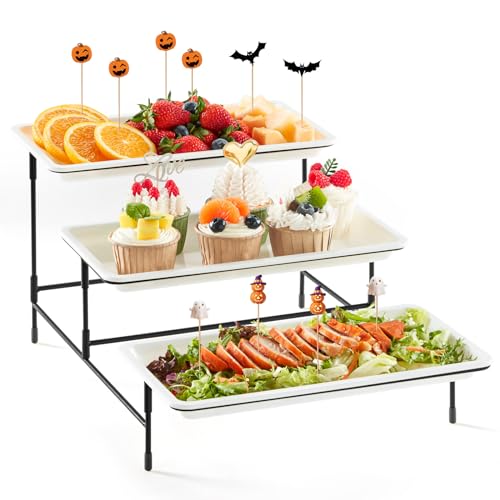 Lifewit 3 Tier Plastic Serving Tray for Party Supplies, 12" x 6.5" Platters for Serving Food, White Reusable Trays with Black Metal Display Stand for Veggie, Fruit, Cookies, Dessert