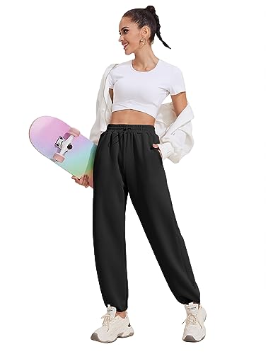 PINSPARK Sweatpants Women Drawstring High Waist Track Pants Baggy Straight Leg Joggers Sweatpants with Pockets Black S