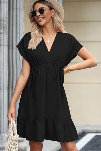 Dokotoo Women's Casual Dresses V Neck Drawstring Short Sleeve High Waist Ruffle A Line Solid Color Summer Fashion Short Flowy Pleated Mini Babydoll Dress for Women 2024 Sundresses Black Small