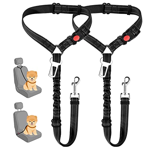 SlowTon Dog Seat Belt for Car, 2 Pack Dog Car Harness Seatbelt Adjustable with Elastic Bungee Buffer, 2 in 1 Pet Car Leash Headrest Restraint Dog Reflective Safety Tether (Lime, Headrest+Clip)