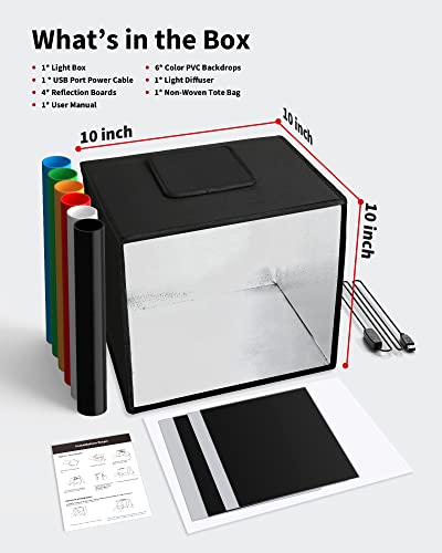 Glendan Light Box Photography, 10"x10" Photo Box with 88 High Color Rendering Index LED Lights, 6 Color PVC Backdrops, 4 Reflection Boards and 1 Diffuser for Jewelry and Small Item Product Photography