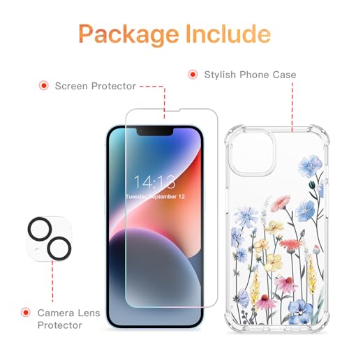 GVIEWIN for iPhone 14 Case Floral, with Screen Protector + Camera Lens Protector,[Non Yellowing]Soft Shockproof Clear Phone Protective Cover for Women, Flower Pattern Design 6.1"(Morning Glory/Purple)